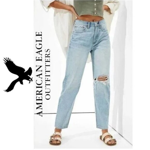 NWT American Eagle Ripped 90s Boyfriend Light Indigo High waist Distressed Jeans - Picture 1 of 16